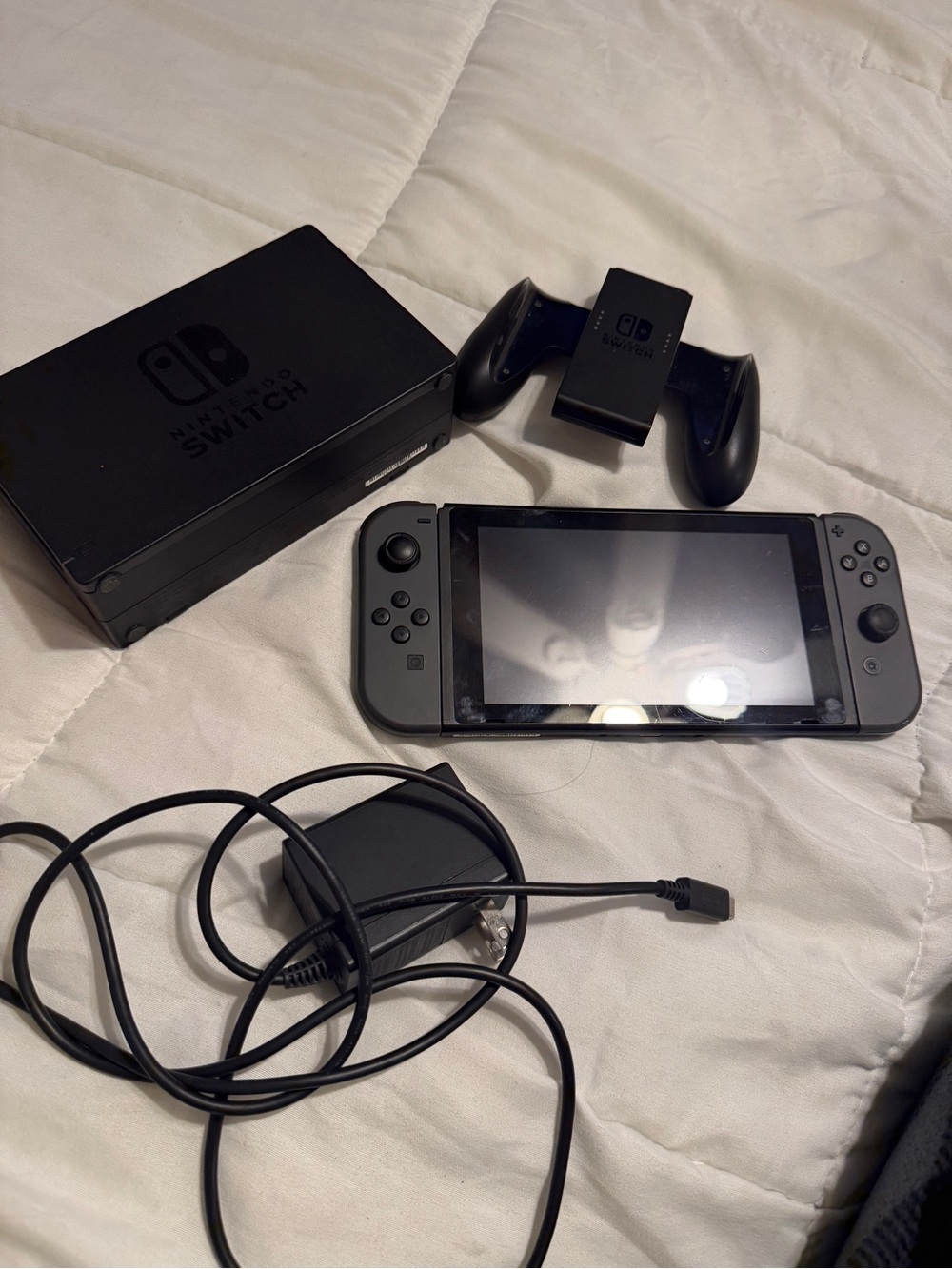 Nintendo Switch HAC-001 32GB Gray Console Bundle Dock AC Adapter Joy-Con Grip